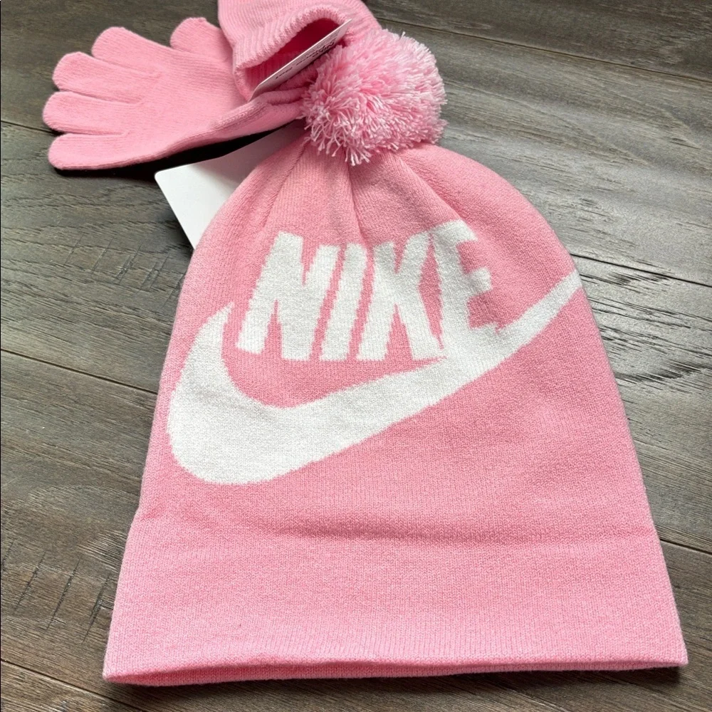 Nike 2 pc.Pom Pom Knit Beanie/Glove set,stretch,Nike & SWOOSH logo graphic